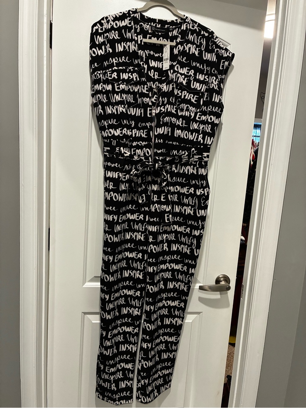 New York & Company Black Jumpsuit with White Script Print and Tie Waist